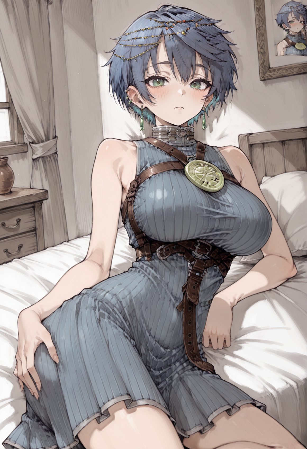 (toi8:1) ,skinny, big breasts, 1girl, short hair, blue hair, hair ornament, earrings, jewelry, green eyes, high collar, medallion, harness, belt, blue dress, sleeveless, arm rest, hand on own hip, skirt, indoors, bed, lying, on side, looking at viewer, blush <lora:Layna_Illus_tutorial:1>, masterpiece, best quality, amazing quality, very aesthetic, absurdres, highres, newest