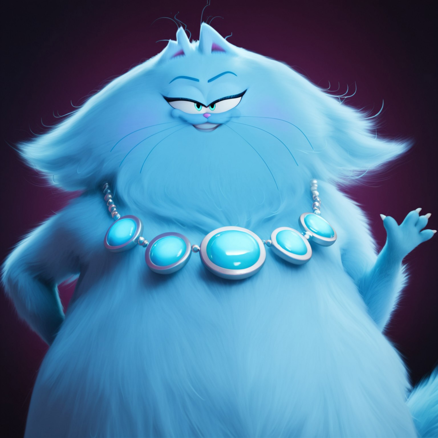 safe_pos, score_9, score_8_up, score_7_up, masterpiece, best quality, highly detailed, realistic, 1girl, solo, (JinxGF, furry, anthro, feline, female cat, persian cat, cut ear, pink inner ear, blue eyebrows, thin eyebrows, light-blue eyes, black pupils, pink nose, pink cheeks, whiskers, light-blue body, light blue fur, tail, fluffy tail, overweight female, neckwear, blue necklace), looking at viewer, smile, closed mouth, teeth, purple background, simple background, waving, 4 fingers, white claws, (seductive look), close-up, Expressiveh, hand behind back