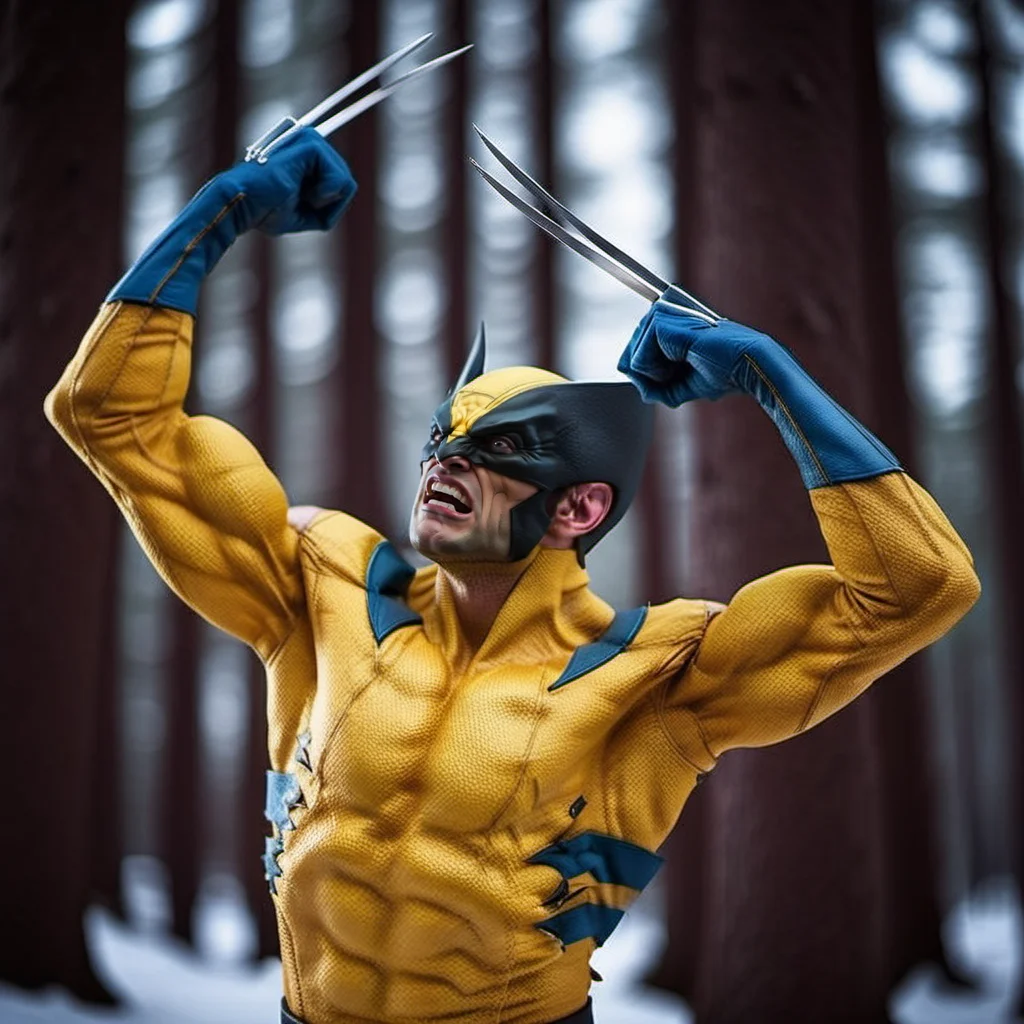 WolverineV2-1024, a man dressed as wolverine,side view, claws, in winter canadian forest, highly detailed, photography, ultra sharp, film, bokeh, professional, 64k <lora:WolverineV2-1024:0.8>