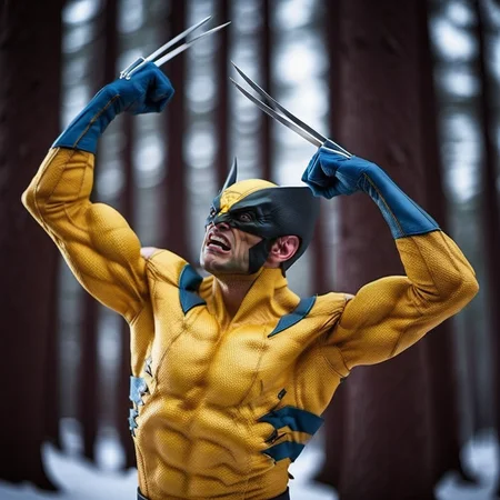 WolverineV2-1024, a man dressed as wolverine,side view, claws, in winter canadian forest, highly detailed, photography, ultra sharp, film, bokeh, professional, 64k <lora:WolverineV2-1024:0.8>