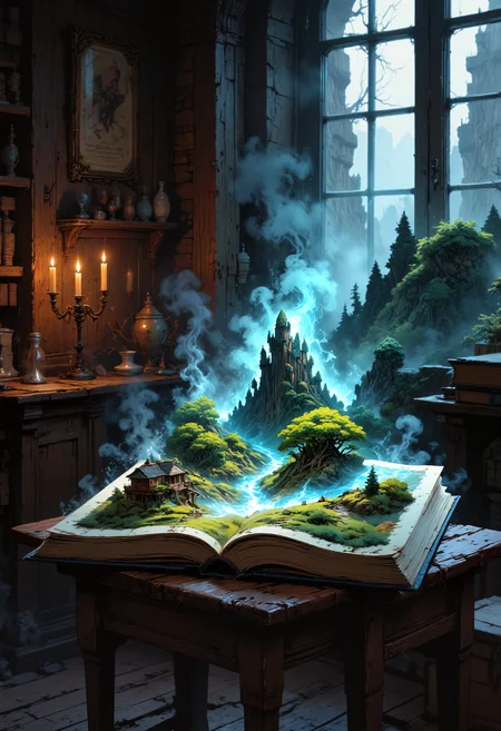 realistic picture of a dimly lit room with wooden walls. Candels are placed in the background. A open book is lying on a small wooden table. The book shows a fantastic world with trees, mountains, streams and magic which seems to come out of the book. The edges of the book are clearly visible. Dynamic angle, top down view, a magic mist forming over the book,,, mythp0rt,