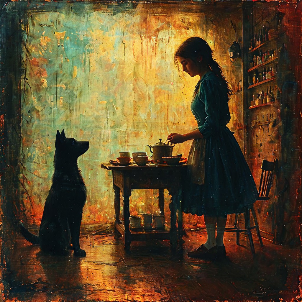 DOROTHY, an elegant lady, ate a hearty breakfast, and watched a Munchkin, who played with Toto and pulled his tail and crowed and laughed in a way that greatly amused Dorothy.  <lora Dreamyvibes Artstyle:0.8>
