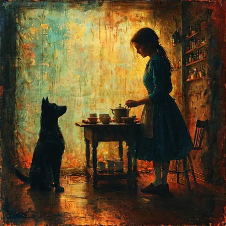 DOROTHY, an elegant lady, ate a hearty breakfast, and watched a Munchkin, who played with Toto and pulled his tail and crowed and laughed in a way that greatly amused Dorothy.  <lora Dreamyvibes Artstyle:0.8>