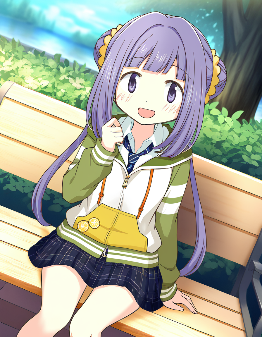 masterpiece, best quality, newest, absurdres, highres, safe, 1girl, yume urara \(school uniform\), magia record: mahou shoujo madoka magica gaiden, solo, sitting, open mouth, outdoors, dutch angle, <lora:yume_urara_noobaiXLNAIXL_vPred10Version:0.7>