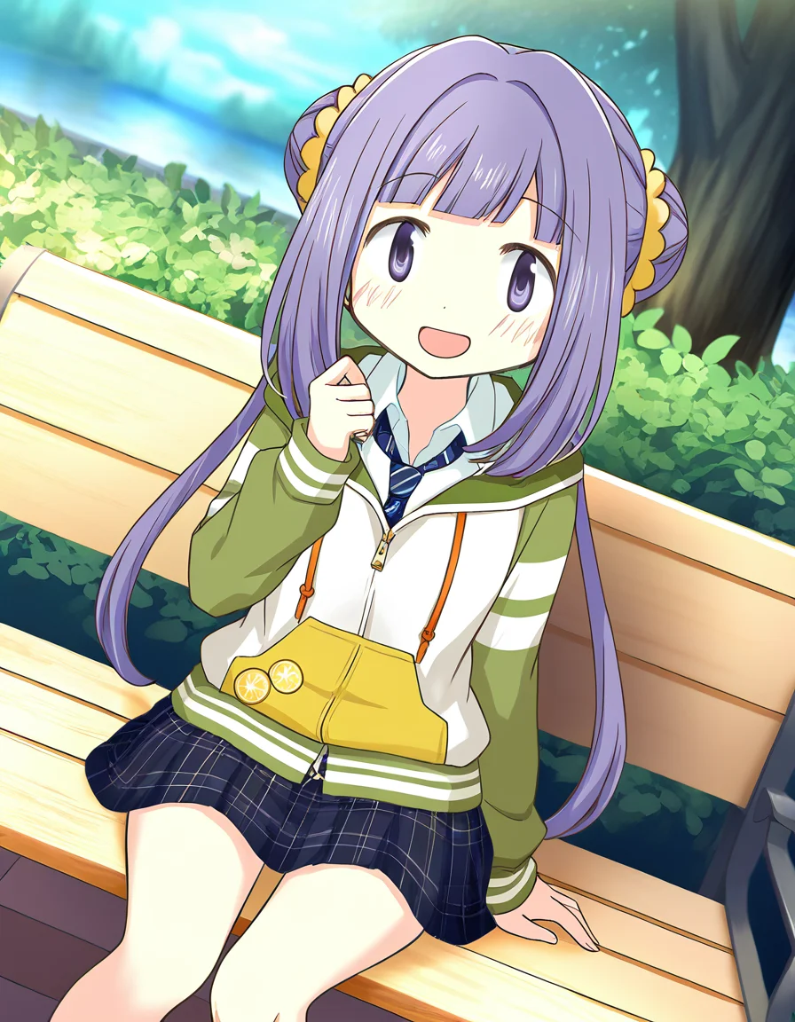 masterpiece, best quality, newest, absurdres, highres, safe, 1girl, yume urara \(school uniform\), magia record: mahou shoujo madoka magica gaiden, solo, sitting, open mouth, outdoors, dutch angle, <lora:yume_urara_noobaiXLNAIXL_vPred10Version:0.7>