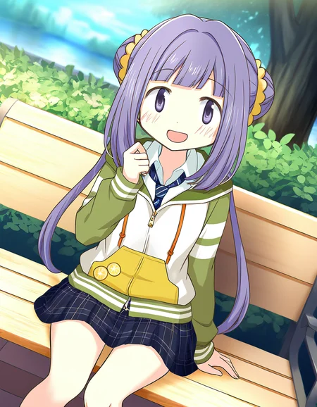 masterpiece, best quality, newest, absurdres, highres, safe, 1girl, yume urara \(school uniform\), magia record: mahou shoujo madoka magica gaiden, solo, sitting, open mouth, outdoors, dutch angle, <lora:yume_urara_noobaiXLNAIXL_vPred10Version:0.7>