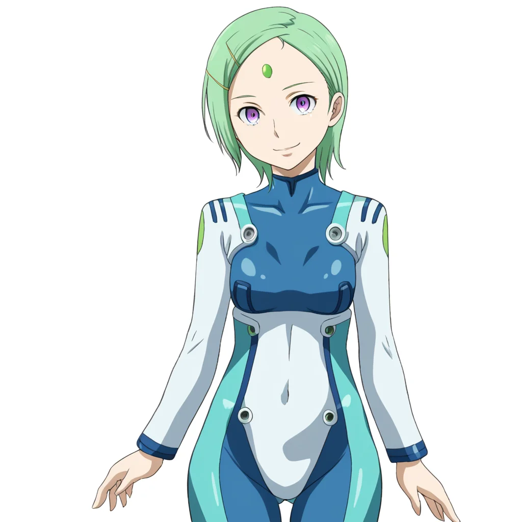 1girl, solo, EAO, purple eyes, short hair, green hair, hairclip, forehead jewel, bodysuit, skin tight, long sleeves, smile, standing, white background, simple background, cowboy shot, legs, <lora:Eureka AO v2-000010:0.8>