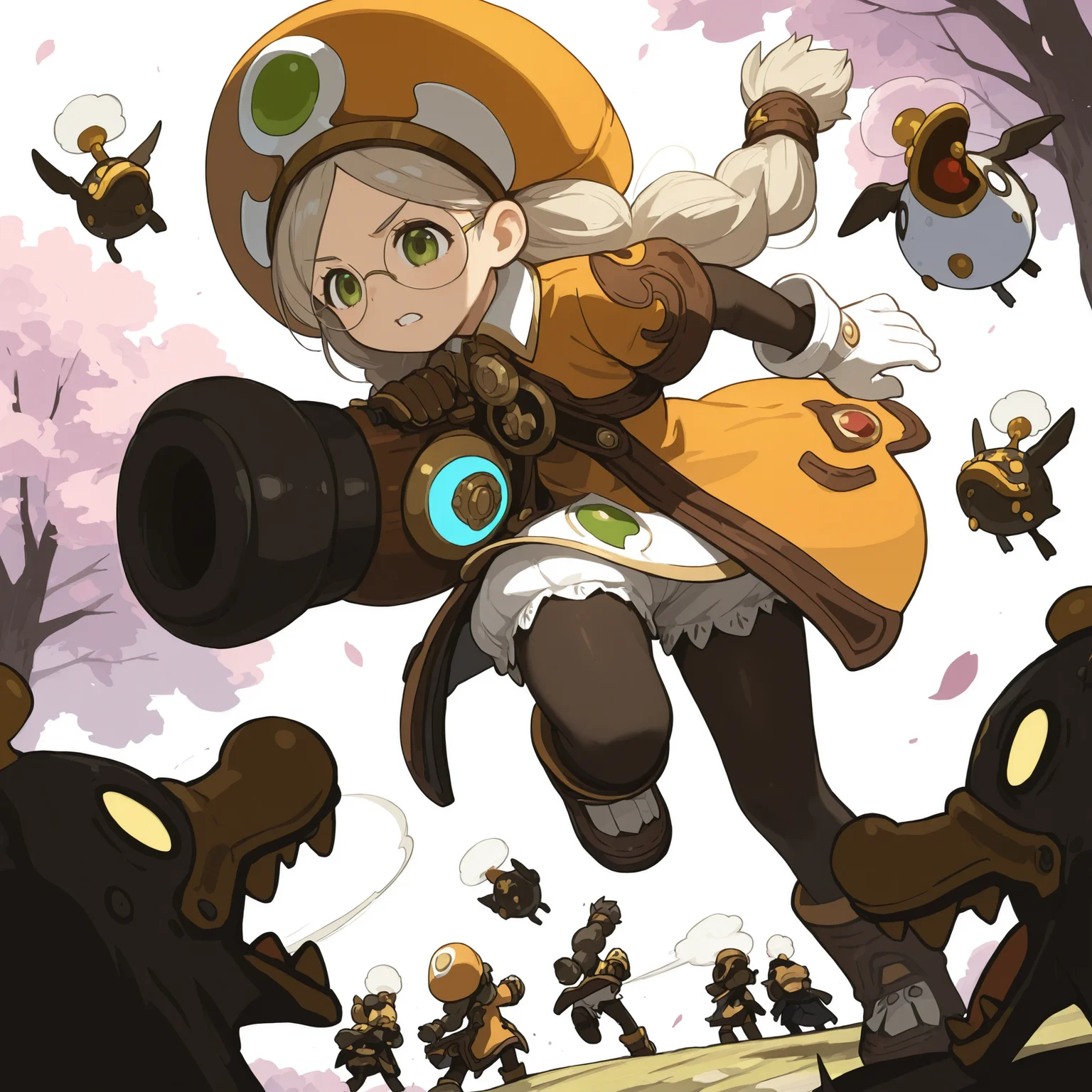 AcadDN01, holding a cannon, orange hat, brown gloves, white gloves, black pantyhose, twin braids, boots, short sleeves, white bloomer, battling, surrounded by sakura trees, cherry blossom flowing in air <lora:academic_dragonnest:1>