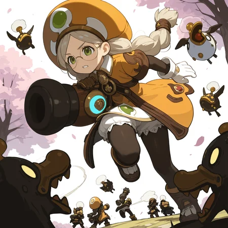 AcadDN01, holding a cannon, orange hat, brown gloves, white gloves, black pantyhose, twin braids, boots, short sleeves, white bloomer, battling, surrounded by sakura trees, cherry blossom flowing in air <lora:academic_dragonnest:1>
