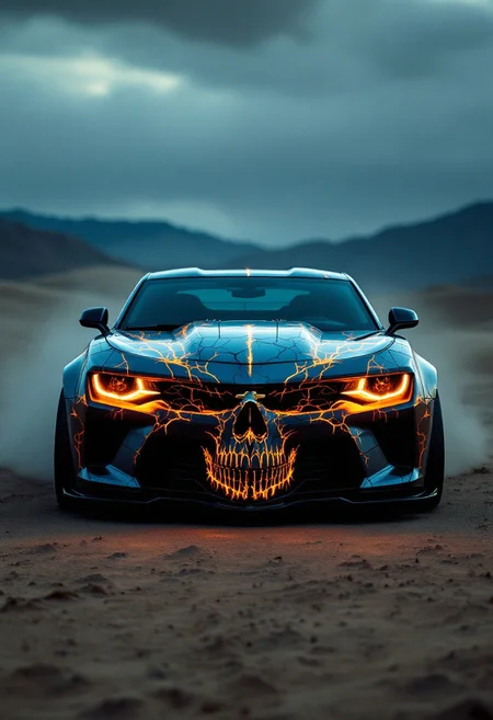 A cinematic image of a striking and unique car, seemingly a modern muscle car, possibly a Chevrolet Camaro, with a skull-like design on the front. The headlights and grille bear a close resemblance to the features of the skull. The paint job includes intricate details of cracks and veins of light, giving the skull a supernatural, fiery appearance. The car stands out against a dramatic desert backdrop, with sand dunes and distant mountains, creating an eerie yet captivating atmosphere., cinematic