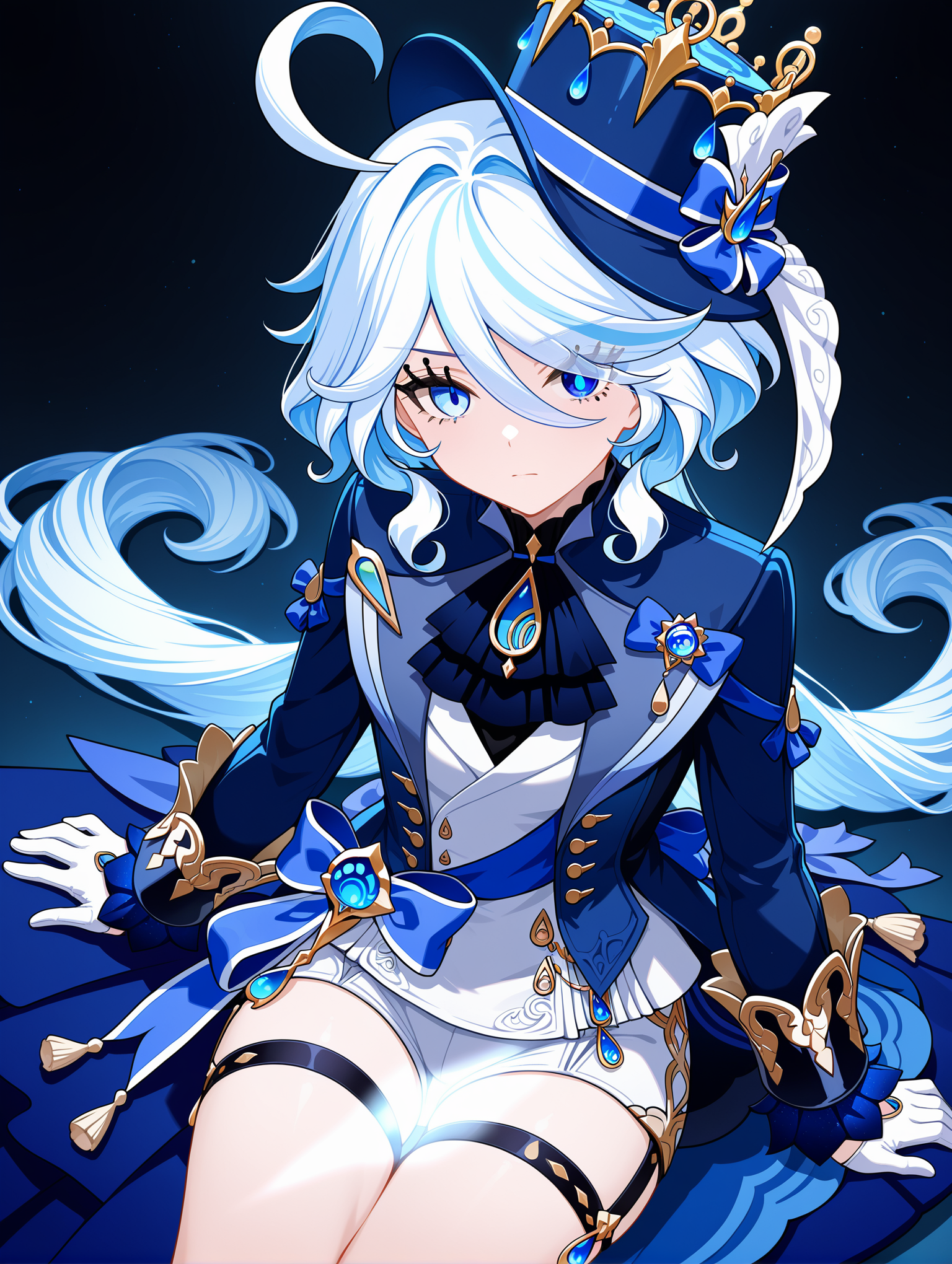 1girl, furina \(genshin impact\), genshin impact, ahoge, ascot, bare legs, black ascot, blue eyes, blue hair, blue headwear, blue jacket, blue sash, brooch, eyelash ornament, gloves, jacket, jewelry, long hair, long sleeves, looking at viewer, sash, short shorts, shorts, sitting, solo, thigh strap, thighs, very long hair, white gloves, white shorts light censor., creates a striking contrast with the dark background and highlights the character's features. the overall mood of the image is mysterious and edgy
,masterpiece,best quality,amazing quality,