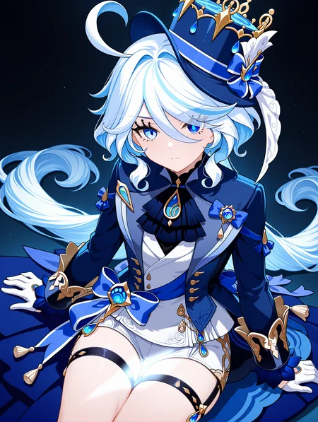 1girl, furina \(genshin impact\), genshin impact, ahoge, ascot, bare legs, black ascot, blue eyes, blue hair, blue headwear, blue jacket, blue sash, brooch, eyelash ornament, gloves, jacket, jewelry, long hair, long sleeves, looking at viewer, sash, short shorts, shorts, sitting, solo, thigh strap, thighs, very long hair, white gloves, white shorts light censor., creates a striking contrast with the dark background and highlights the character's features. the overall mood of the image is mysterious and edgy
,masterpiece,best quality,amazing quality,