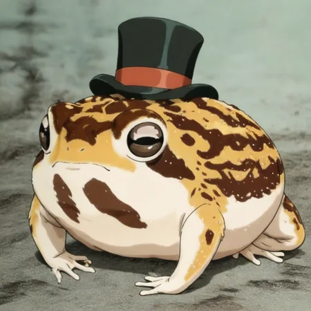 masterpiece, best quality, newest, absurdres, highres, vintage anime, 90s anime, DRFTPFV1.0, frog, desert rain frog, african rain frog, animal, animal Focus, closed mouth, top hat, headwear, hat, no humans, animal focus,