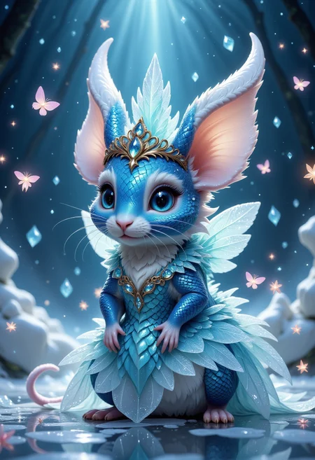 A mouse wearing a princess dress and a crown of ice, the ice is so cold that it is surrounded by ice mist, the ice crystals on the crown reflect the light, moody light, the crown is surrounded by butterflies made of stardust that sit on the crown, the background is made of ice, cuteness overload, magical atmisphere