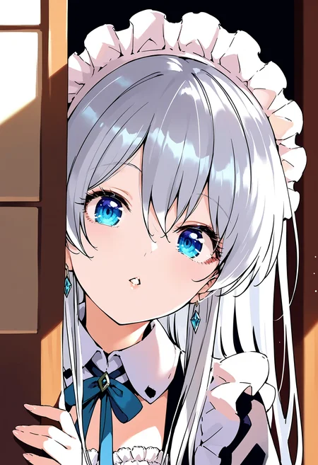 score_9, score_8_up, score_7_up,source_anime,rating_explicit,uncensored,anatomically correct,best perspective BREAK
<lora:peeking_out_ponyxl:1> peeking out upper body
<lora:lihua:0.8> lihua, maid headdress,silver hair, blue eyes, long hair, 1girl,oval face, parted lips,