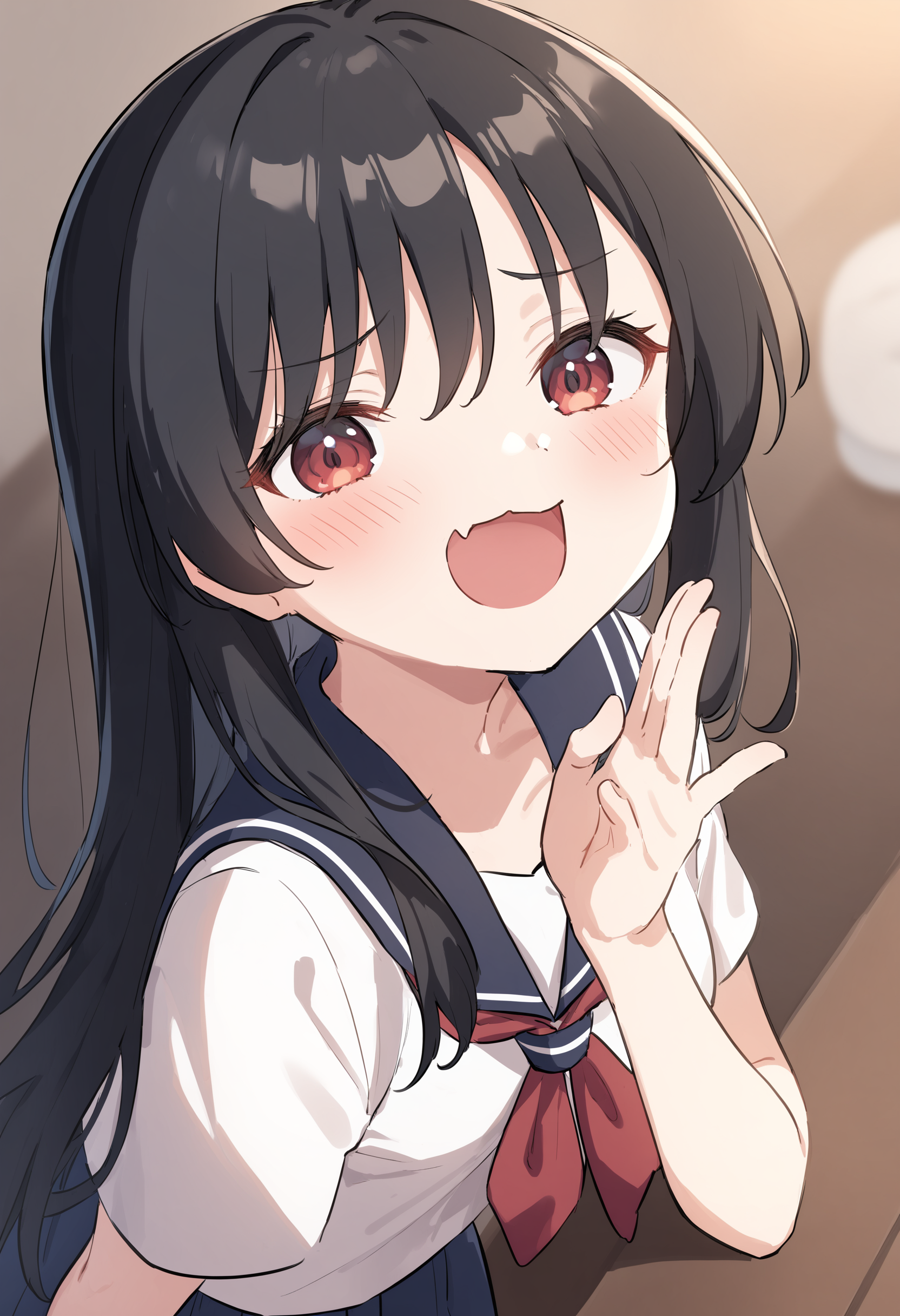 1girl,sincos, ningen mame, toosaka asagi,solo,medium breasts,school uniform,short sleeves,
mesugaki, smile, looking at viewer, blush, hand up, skin fang,<lora:mesugaki_XL_v1:0.9>
from above, upper body, looking up, blue hair, red eyes,disgust, novitiate, open mouth, bowl cut hair,,
best quality, very aesthetic, absurdres