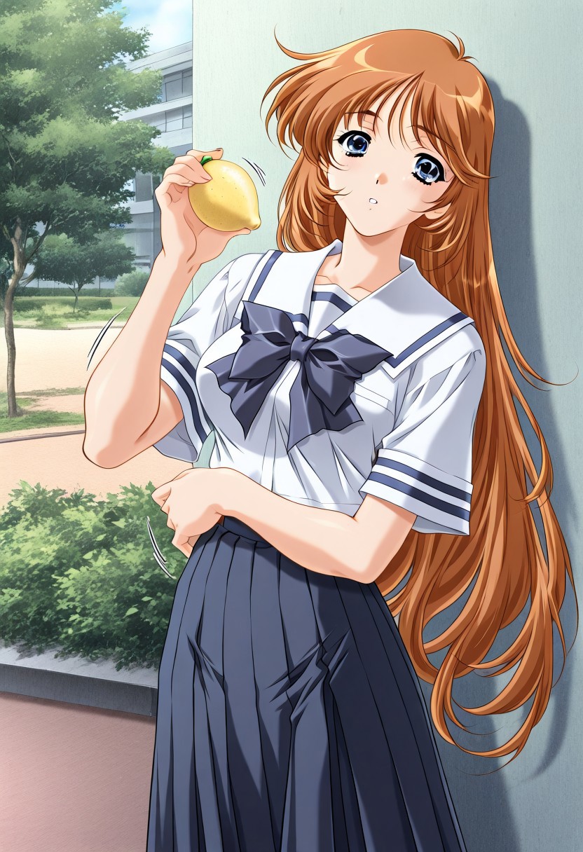 masterpiece, best quality, newest, highres, uncensored, 1girl, yokota mamoru style,1girl, slender face，motion lines,Kobayakawa_Mizuho, blue eyes, very long hair, orange hair, bangs, breasts,Brown Hair , Waist Length hair, Blue Eyes,1990s (style),slim,solo,
school uniform, 1girl, long hair, food,brown hair, fruit, lemon, blue eyes, day, holding, skirt, bow, holding fruit,sedective face,torogao