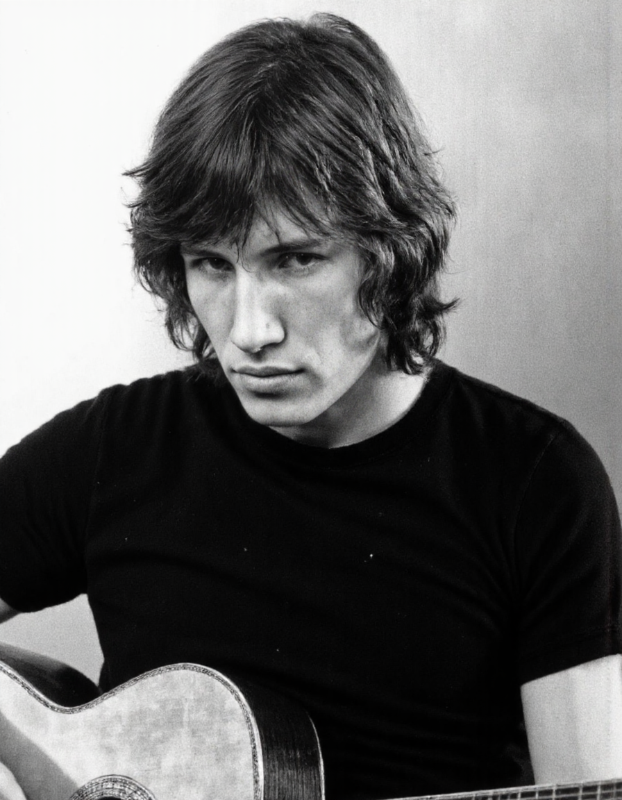 Rembrandt style <lora:ROGER_WATERS:1>, This is a black-and-white photograph of a young man, captured from a slightly low angle, giving a three-quarter view of his face and shoulders. The man has shoulder-length, wavy hair that frames his face and falls slightly over his forehead. His expression is contemplative, with his eyes looking downwards and to the right. He is wearing a simple, short-sleeved, button-up shirt, which appears to be made of a soft, cotton-like material, visible through the texture of the shirt. The shirt has a slightly rounded collar and is buttoned at the top, with the top button slightly unfastened. In the man's right hand, he is holding a guitar, which he is likely playing or about to play, as indicated by the position of his hand and the angle of the guitar. The background is a plain, gradient gradient, transitioning from light to dark, which helps to focus attention on the subject. The lighting is soft and even, casting gentle shadows that enhance the texture of the man's hair and the fabric of his shirt. The overall mood of the photograph is introspective and artistic, capturing a moment of musical expression. . Baroque, chiaroscuro, realistic, emotional, "flat lighting