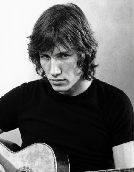 Rembrandt style <lora:ROGER_WATERS:1>, This is a black-and-white photograph of a young man, captured from a slightly low angle, giving a three-quarter view of his face and shoulders. The man has shoulder-length, wavy hair that frames his face and falls slightly over his forehead. His expression is contemplative, with his eyes looking downwards and to the right. He is wearing a simple, short-sleeved, button-up shirt, which appears to be made of a soft, cotton-like material, visible through the texture of the shirt. The shirt has a slightly rounded collar and is buttoned at the top, with the top button slightly unfastened. In the man's right hand, he is holding a guitar, which he is likely playing or about to play, as indicated by the position of his hand and the angle of the guitar. The background is a plain, gradient gradient, transitioning from light to dark, which helps to focus attention on the subject. The lighting is soft and even, casting gentle shadows that enhance the texture of the man's hair and the fabric of his shirt. The overall mood of the photograph is introspective and artistic, capturing a moment of musical expression. . Baroque, chiaroscuro, realistic, emotional, "flat lighting