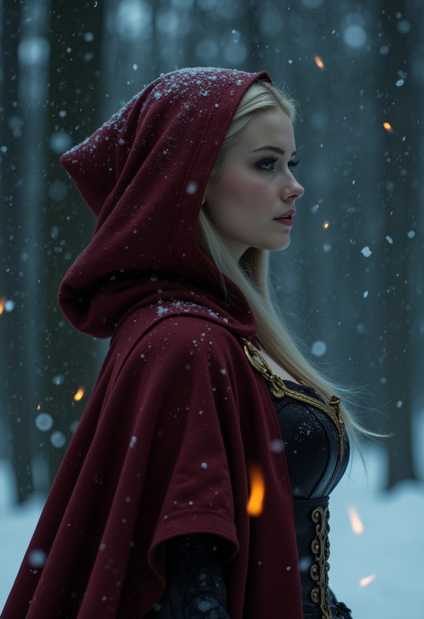 A photo of a striking blonde woman dressed as a modern interpretation of Little Red Riding Hood. She is standing in a dark forest amidst a blizzard. The woman is wearing a richly textured crimson hooded cloak and a gold-accented, medieval-inspired gown. The background is predominantly cool-toned with deep blues, grays, and whites of the snow. There are glowing embers and snowflakes swirling around her. The dramatic lighting is inspired by Annie Leibovitz, and the detailed costuming is similar to fantasy film stills. The photo has a painterly style with realistic elements, aidmafemalecosplay