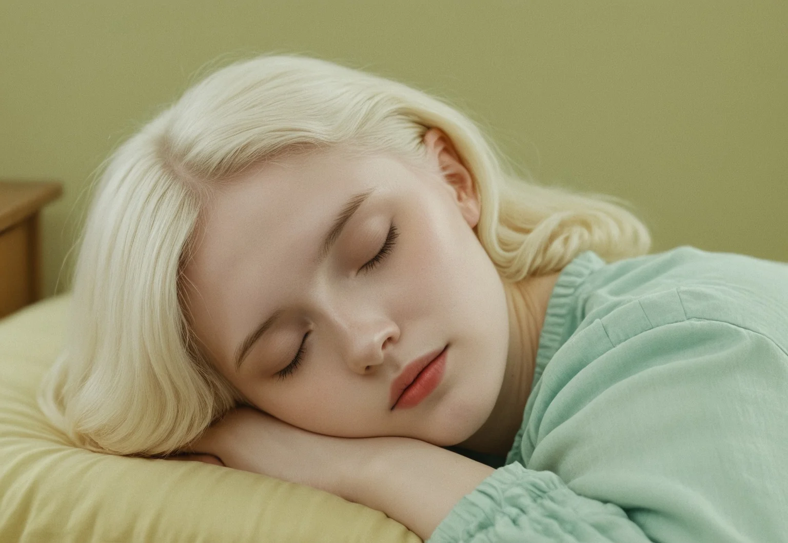 A vibrant photo, uwu-style, 25yo egirl. Candid moment. luna in the style of uwu ethots, graceful, sleepy woman, very pretty, movie-like, natural light, very pretty, dramatic composition, contrasting colors, off-center, focus on subject, 50mp, high megapixels, intimate, emotional, realistic natural skin, albino, cinema color grading, salena a girl is resting, detailed background, retro analog, 1967, playful and cute, she is lying down sleeping, realistic, cozy and snuggled, minimal lighting, (side view), full body, sprawled out, proportional