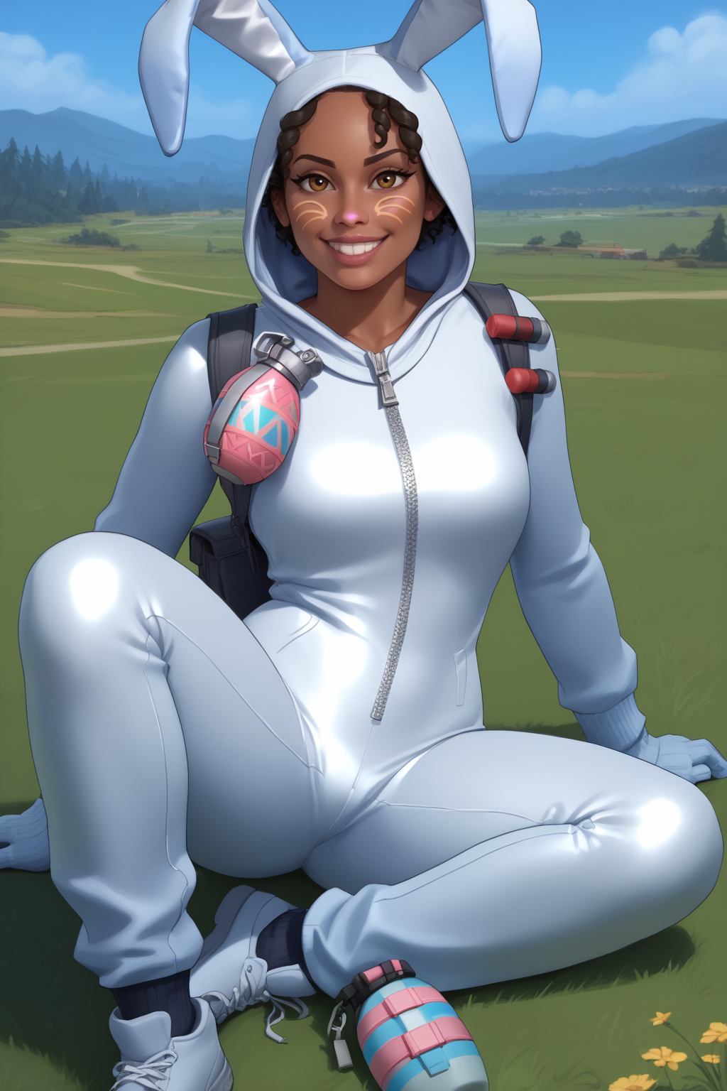 score_9, score_8_up, score_7_up, masterpiece, high quality, BREAK realistic
 <lora:Bunny Brawler LunaPonyLoRA:1>bnnybrwlrlna, dark skin, short hair, facial mark, hood, fake animal ears, bodysuit, zipper, ammo strap, grenade, gloves, single knee pad , grin, sitting on eastereggs in grass,