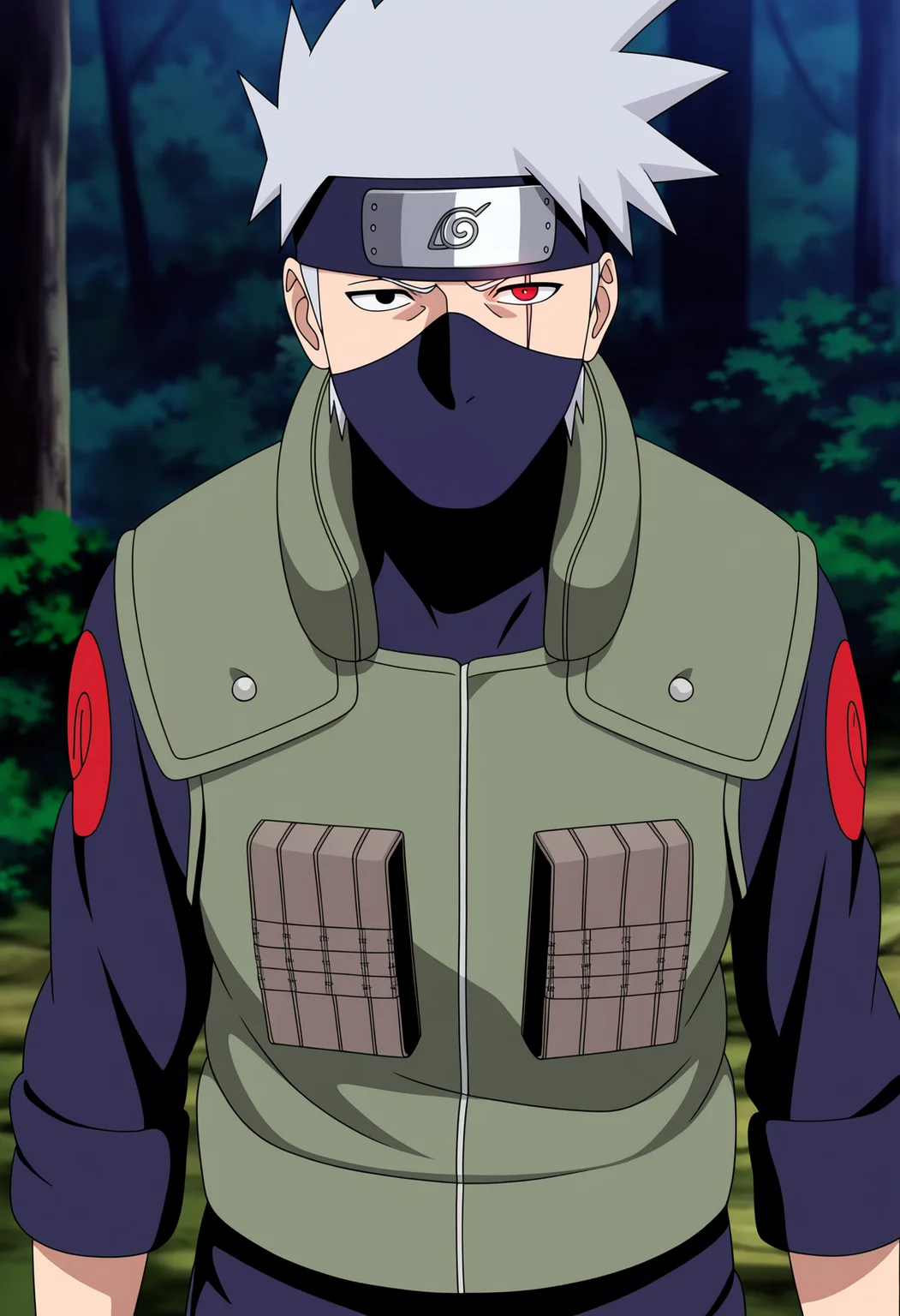 masterpiece, best quality, very aesthetic, absurdres,
1boy, kakashi, grey hair, covered mouth, mouth mask, forehead protector, gloves, konohagakure symbol,
black eye, red eye, scar across eye, heterochromia,
green vest, pants,
solo, looking at viewer, standing, cowboy shot, outdoors, forest, anime screencap, anime coloring, <lora:KakashiNoobXL_byKonan:1>