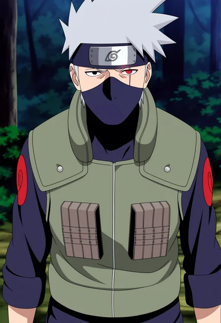 masterpiece, best quality, very aesthetic, absurdres,
1boy, kakashi, grey hair, covered mouth, mouth mask, forehead protector, gloves, konohagakure symbol,
black eye, red eye, scar across eye, heterochromia,
green vest, pants,
solo, looking at viewer, standing, cowboy shot, outdoors, forest, anime screencap, anime coloring, <lora:KakashiNoobXL_byKonan:1>