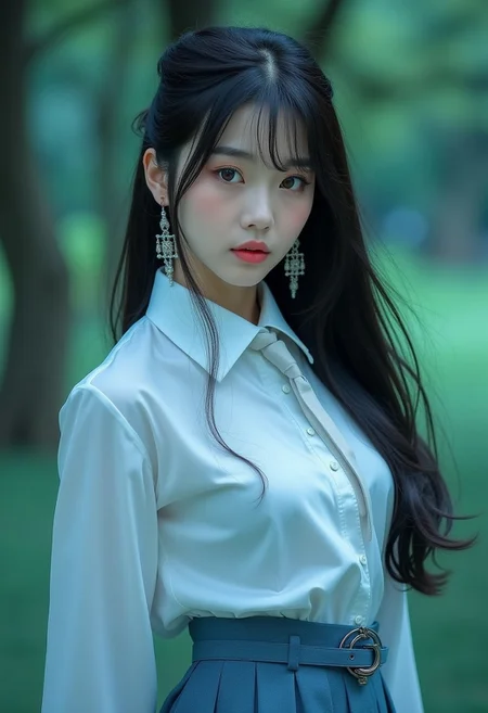 Realistic photograph, Movie light, film grain, a stunning real medium breasts Korean woman with long, flowing dark hair, her piercing gaze directly addressing the viewer. 4k, high quality, (best quality:1.1), realistic, photorealistic, close-up, upper body, (ultra HD quality details), High Fashion, A highly detailed, realistic digital photo of a Korean woman 28yo with a pale complexion, emphasizing her enigmatic and mystical aura, high resolution, rich textures, and contemplative mood. Her eyes are a deep piercing and  brown, dynamic angle, dramatic pose, haute couture, elegant, ornate clothing, dark straight hair with a few loose strands framing her face, against a cyan gradient background, necktie, skirt, ponytail, school uniform, shirt, looking at viewer, outdoors, white shirt, blue skirt, tree, cosplay, belt,