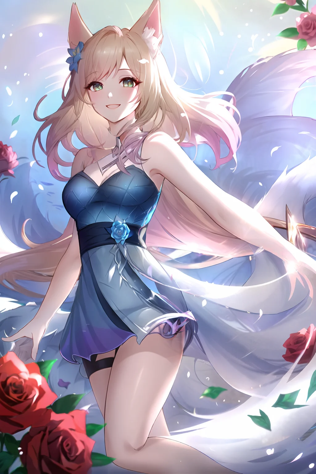 ahri \(league of legends\), (very detailed background:1.0), (highly detailed background:1.0), masterpiece, best quality, (1girl), solo, (girl:1.2), (happy),long hair, blonde hair, open arms, flower field, flowers:2, motion blur, roses, tulipss, (summer:1.2), chromatic aberration, depth of field, soft lighting, highly detailed face, highly detailed eyes, smile, (flower pettals falling)