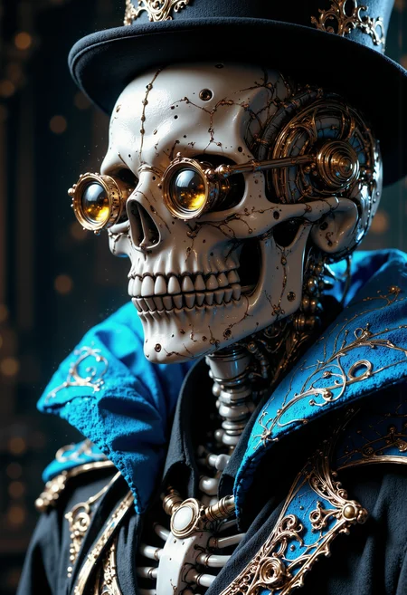 a living anthropomorphic skeleton with a striking appearance. The skeleton has a metallic sheen, with intricate details on the skull and jaw, giving it a futuristic and mechanical look. A wears a large victorian monocle with yellow-tinted lense and gold frame, adding a bold contrast to the monochrome skull. He wears a victorian hat. The skeleton is adorned with a vibrant blue collar, possibly part of a jacket, which adds a splash of color to the composition.<lora:Flux/MysticRealismS.safetensors:1.0:1.0> <lora:Flux/MysticFantasy.safetensors:0.75:0.75>