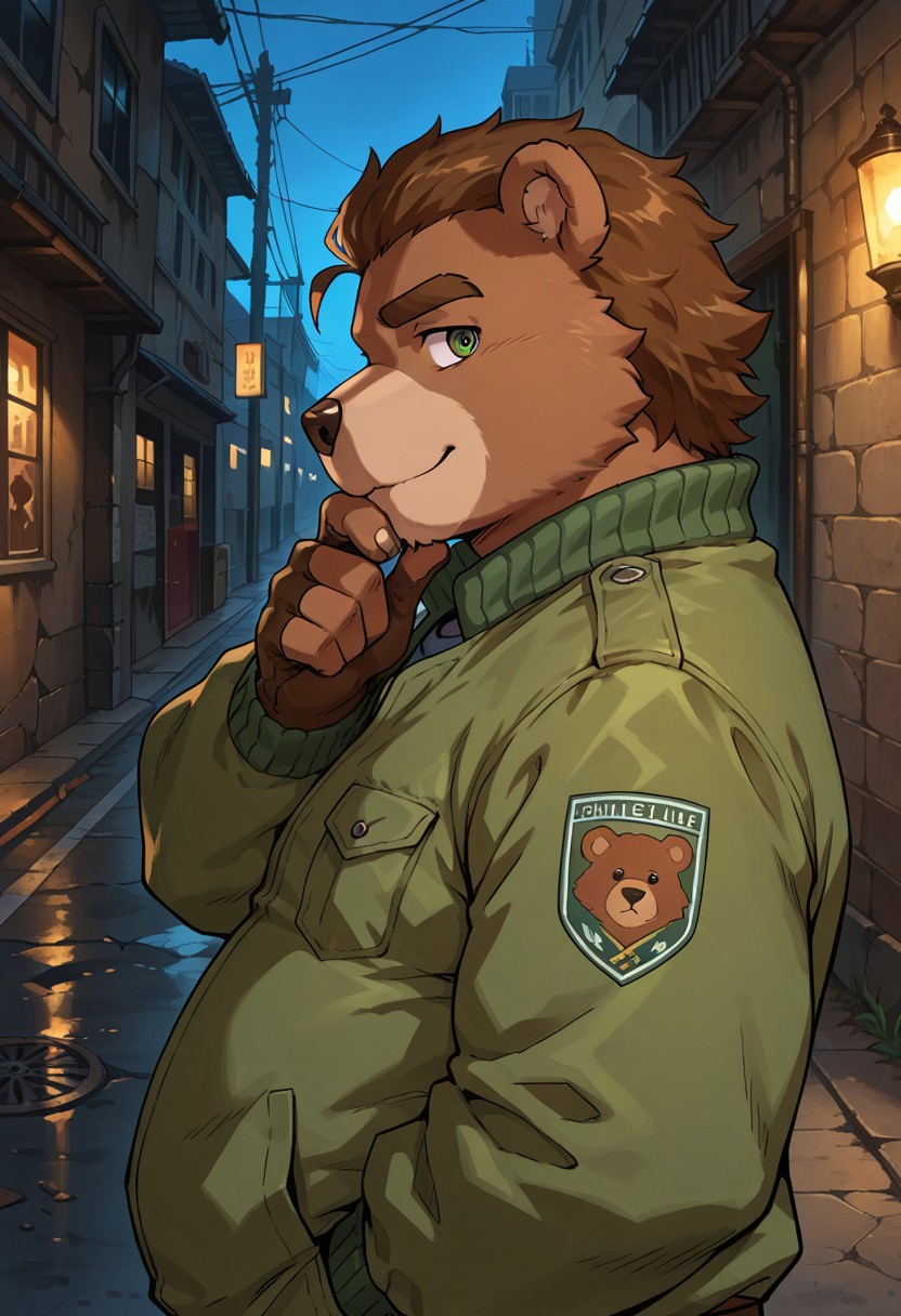 detail background, masterpiece, best quality, high quality, amazing quality, dystopian atmosphere, in alleyway, outside, at night, boring pose, cinematic lighting, by Syd Mead, hand behind head, leaning on back, hand on chin, aggressive expression, hand gesture, BREAK male, solo, anthro bear, Blue tshirt, green jacket, brown boots, hairstyle backwards, Bear,  chubby, musculr, looking at viewer, thick arms, green eyes, thick eyebrows, ((close up, upper body)), side view, dutch angle