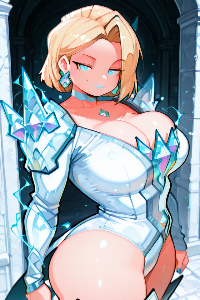 PonyScores, Expressiveh, (score_9, score_8_up, score_8, ASCII score_9), Rating 9, Rating 8, Rating 7, source_anime, masterpiece, best quality, amazing quality, (Emma Frost), Emma Frost_(Marvel Rivals), 1girl, solo, medium breasts, short hair, Blonde hair, blue eyes, lipstick, lips, breasts, thick thighs, Voluptuous body, jewelry, earrings, blue lips, makeup, choker, white leotard, shoulder armor, crystal, long sleeves, cleavage, coattails, (looking at viewer), blue nails, nail polish, curvy, standing, boots, collarbone, standing, shiny skin, shiny body, Casual, covered stomach, (beautiful atmosphere), (sharped face, beauty makeup), (beautiful skin, beautiful face), (perfect anatomy), (beautiful detailed face, beautiful oval face), (sharp out line), perfect hands, seductive smile, (perfect female body), (beautiful eyes and face), (upper body), (cowboy shot1), Ice powers, Big thighs, ice glow, ice magic, ice energy, energy orbs, light particles, orbs, Blue energy, big eyes, (extremely detailed eyes), (iper detailde eyes), (ultra detail eyes), (beautiful eyes), detailed backgrounds, (detailed eyes), (perfect eyes), extremely detailed CG, extremely detailed face, detailed Lora, focused subject, black pupils, (ass), (perfect ass), (beautiful ass), <lora:EmmaFrostillusApexAi:1>, <lora:TheyCallHimCake:0.8>, thick lines, marked lines, perfect ass, theycallhimcake,