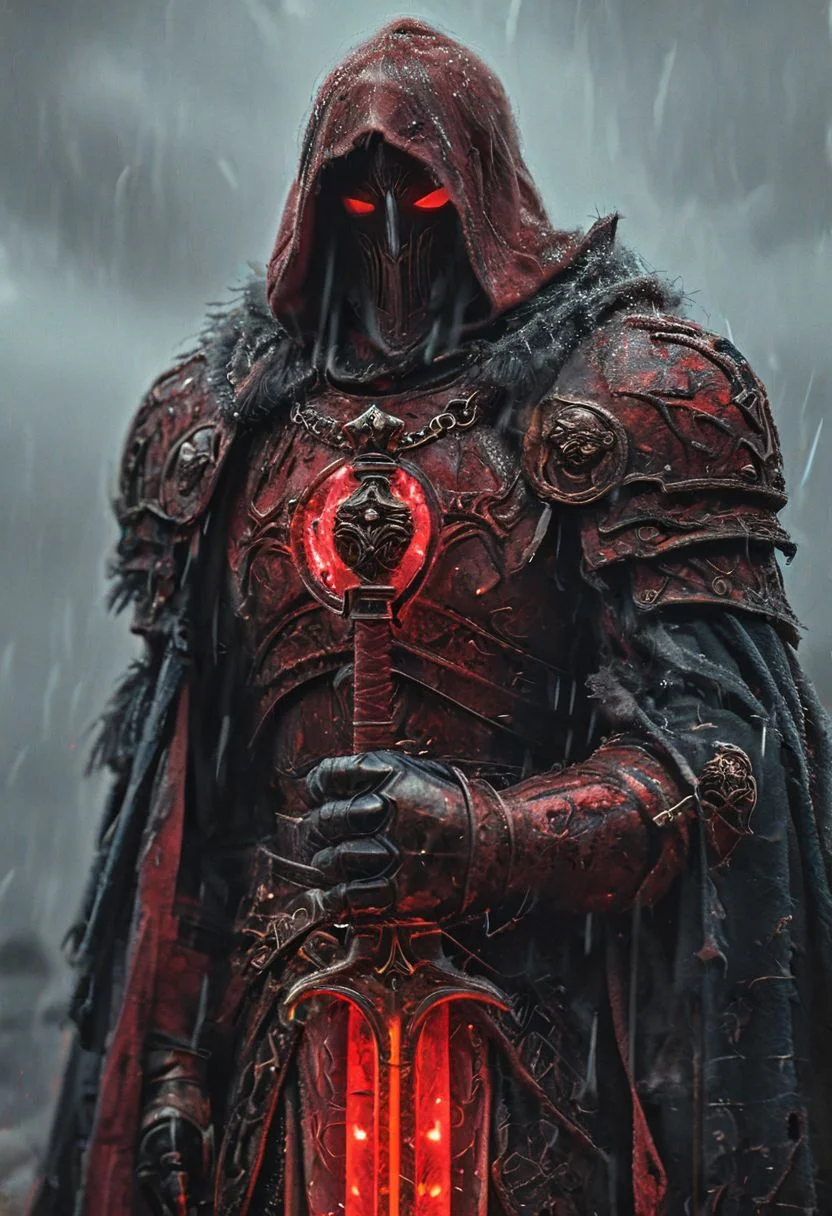 A stunning, highly detailed dark fantasy full body illustration of a proud demonic warrior wearing intricate medieval black HKStyle armor and an epic black ornamented mask, holding a great crimson glowing spear , cape, red glooming eyes, very wide shoulders, wearing big gauntlets, crimson aura around body,epic composition. The warrior stands heroic with a flowing cloak and black hood during a storm with foggy gloom, thunderclouds in the background . The scene depicts him with brooding emotional agony , style by Greg Rutkowski, by Milo Manara and Russ Mills, with insanely intricate details and textures, gloomy dramatic lighting, 8K resolution