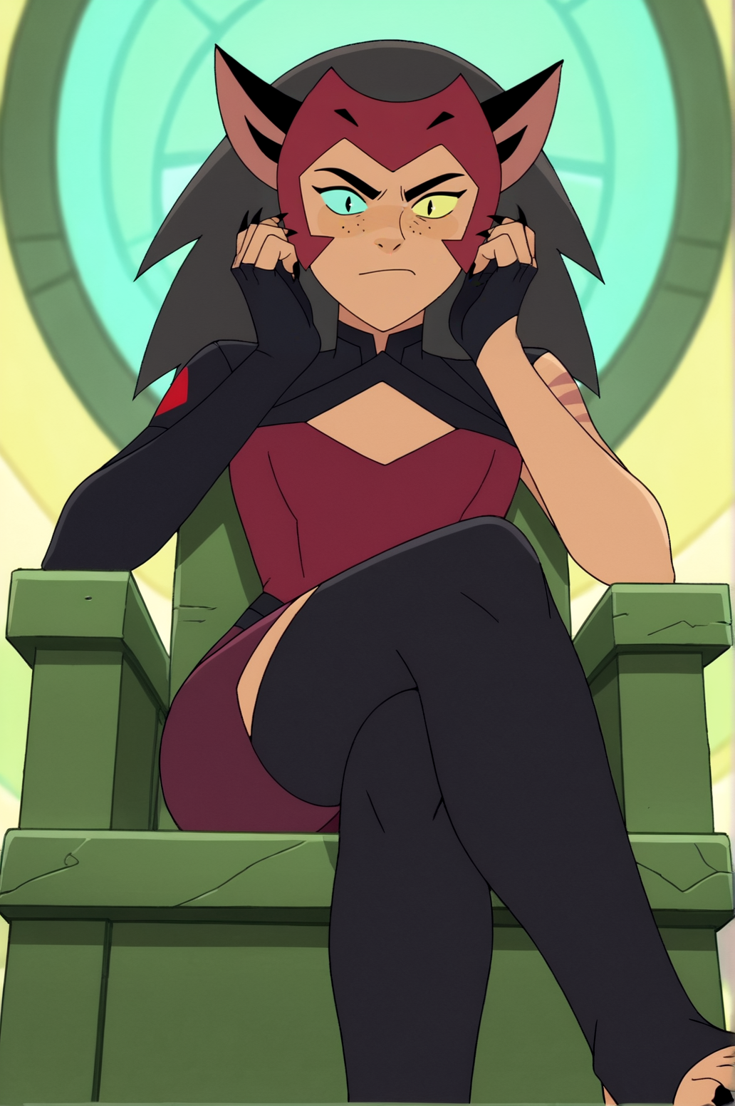 score_9, score_8_up, score_7_up,anime_source, source_anime, best background, detailed background, anime screencap,  new catra, principal Outfit, throne, sitting, crossed legs,   <lora:JN_New_Catra:0.8>