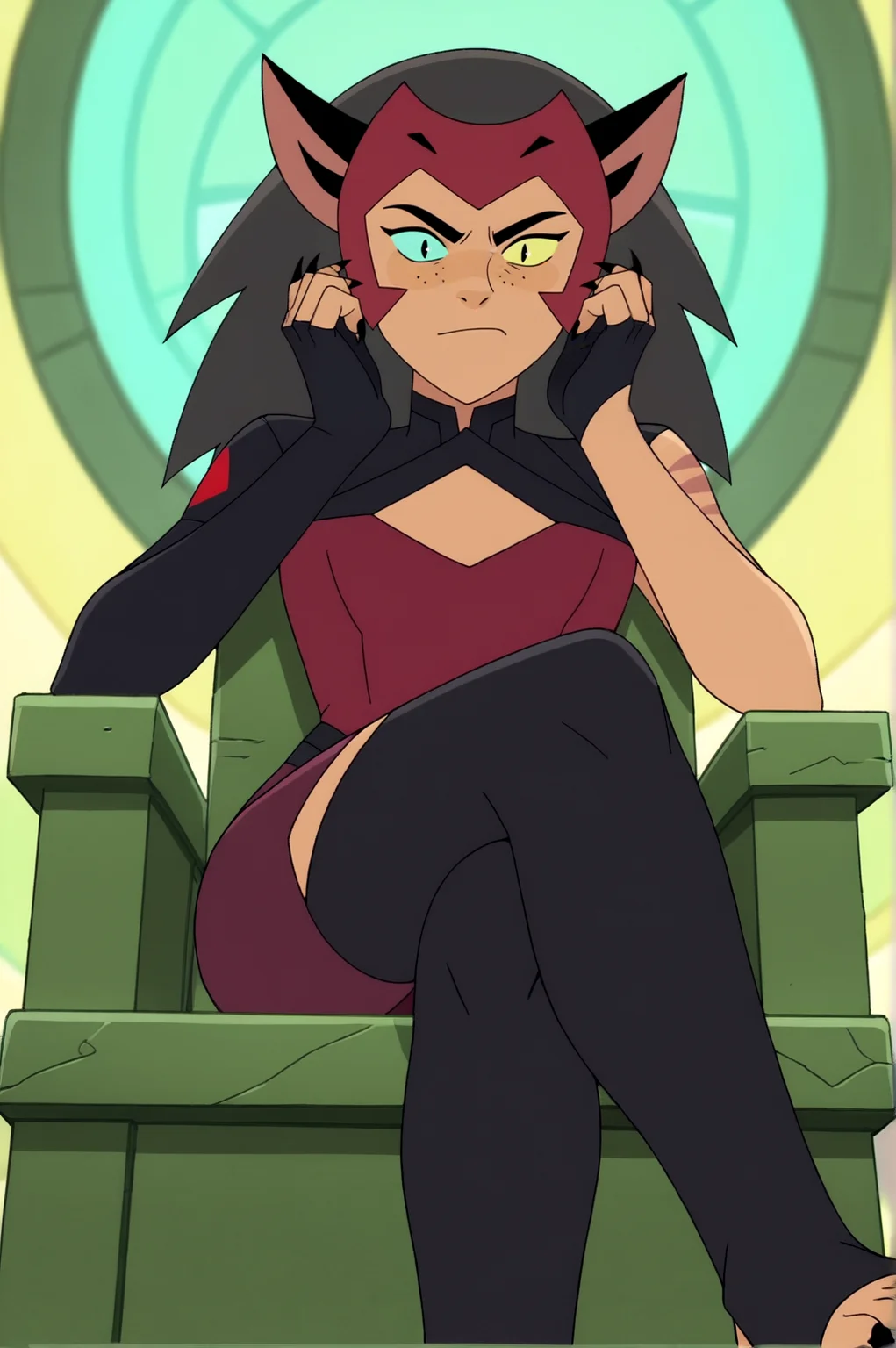 score_9, score_8_up, score_7_up,anime_source, source_anime, best background, detailed background, anime screencap, new catra, principal Outfit, throne, sitting, crossed legs, <lora:JN_New_Catra:0.8>