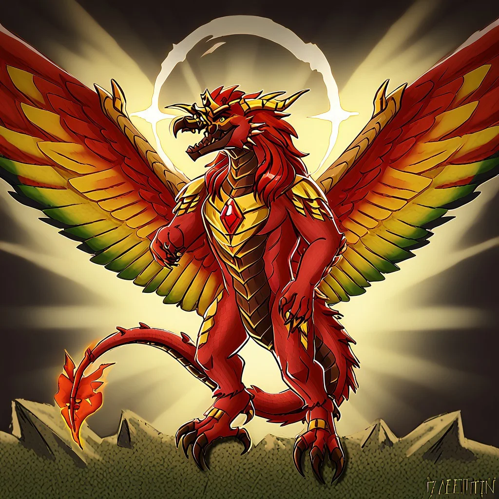 Yharon , golden horns, tail, dragon, bird, claws, no human, 4 eyes, feathered wings, talons, sharp teeth, intricate wing details, red and gold scales, glowing emerald eyes, large fiery wings with orange and green feathers, affliction, affliction crown, ddaffliction, Virtue, Virtue halo, ddvirtue