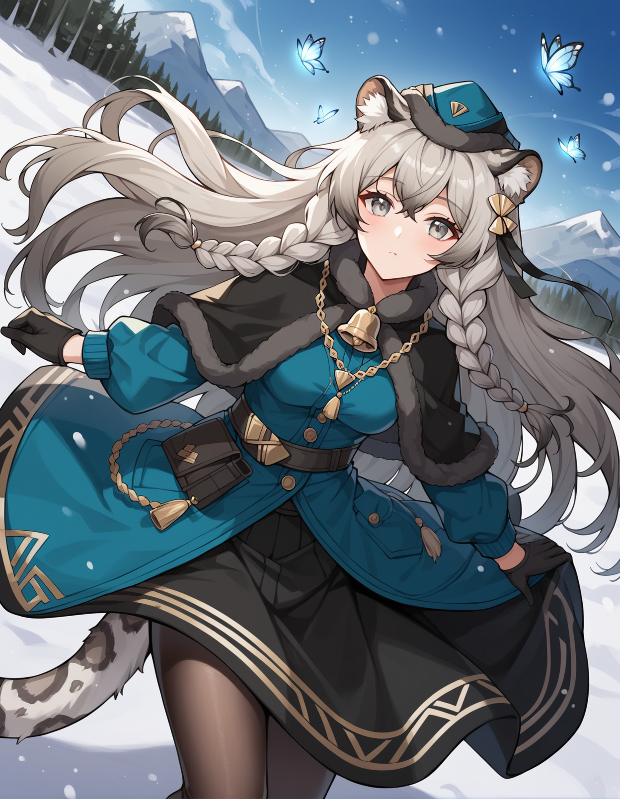 score_9, score_8_up, score_7_up, source_anime, rating_explicit, BREAK <lora:arkPramanix_XL-Pony_LoRA-C3Lier_16-16-8-8_AdamW_Un3e-4_Te1.5e-4_10batch:1>, pramanix \(arknights\), 1girl, grey hair, long hair, very long hair, twin braids, grey eyes, leopard ears, animal ear fluff, leopard tail, medium breasts, official alternate costume, blue headwear, hair ornament, necklace, jewelry, blue coat, long sleeves, black capelet, fur-trimmed capelet, black gloves, bell, belt, black skirt, long skirt, pantyhose, dutch angle, expressionless, blush, floating hair, floating, looking at viewer, facing viewer, light particles, light rays, aura, wind, glowing butterfly, snow, snowing, forest, mountainous horizon