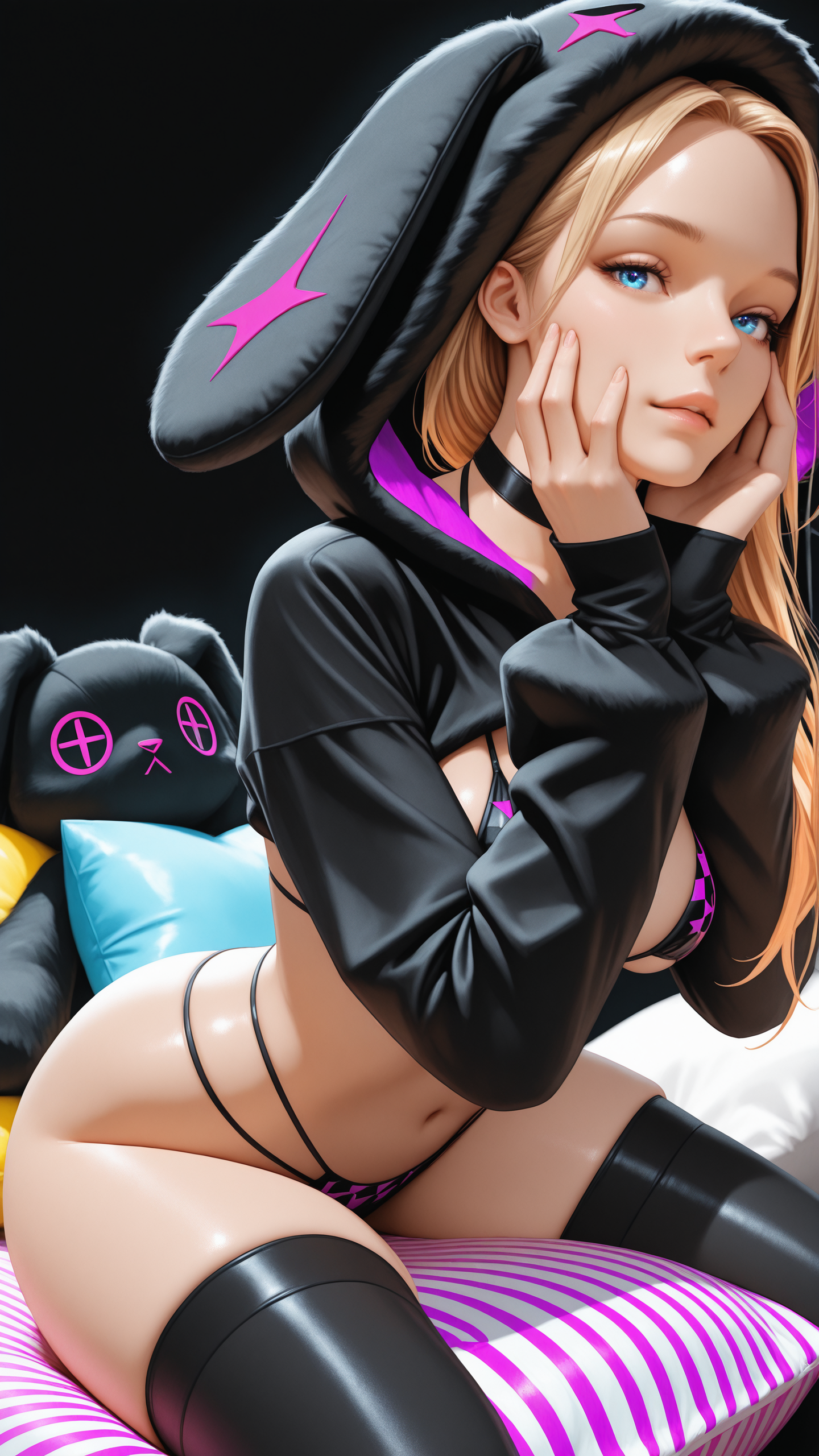 realistic, 3D, masterpiece,best quality,amazing quality,very aesthetic,absurdres,newest,detailed eyes,
A professional,high-quality portrait of a woman,
a woman, blonde, long hair, blue eyes, sitting on a pile of pillows, multicolored pastel pillows,leaning forward to viewer, hands holding face. black background, neon purple and yellow lights, abstract background.
wearing a woman wearing a (black colored:1.1) fluffbunnkinij, choker, black floppy bunnyearhood, fluffy, bikini, thigh highs <lora:fluffbunnkinij:1>