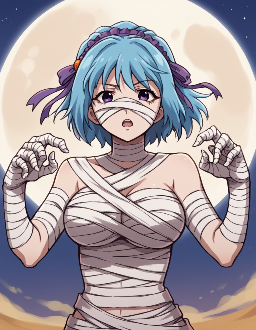 score_9, score_8_up, score_7_up, source_anime, <lora:kurumu-kurono-s2-ponyxl-lora-nochekaiser:1>, kurumu kurono, short hair, blue hair, purple eyes, ponytail, ribbon, hair ribbon, hair ornament, large breasts,, <lora:mummy-costume-ponyxl-lora-nochekaiser:1>, mummy costume, bandages, halloween costume, bandaged arm, zombie pose, bandage on face,, desert, moon, night, open mouth, , dutch angle, cowboy shot