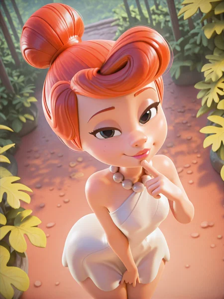 highres, hi res, best quality, masterpiece,
1girl, (WilmaXL:1), orange hair, hair bun, black eyes, dot eyes, necklace, single bare shoulders, white dress, makeup, parted lips, jewelry, pearl necklace, 
naughty face, dutch angle, naughty pose, looking at viewer, one hand grabbing dress, one finger on lips, leaning forward, from above, one hand on lips, solo, dynamic pose, cowboy shot, head tilt, sexually suggestive, vegetation, outdoors, rocks, closed mouth, 
<lora:AWilmaFlintstone_character-12:0.75>, narrow waist, wide hips,,  <lora:DisneyStudios_style-12IL:1>, DisneyStudioXL,,, cartoon, cinematic,,3d,