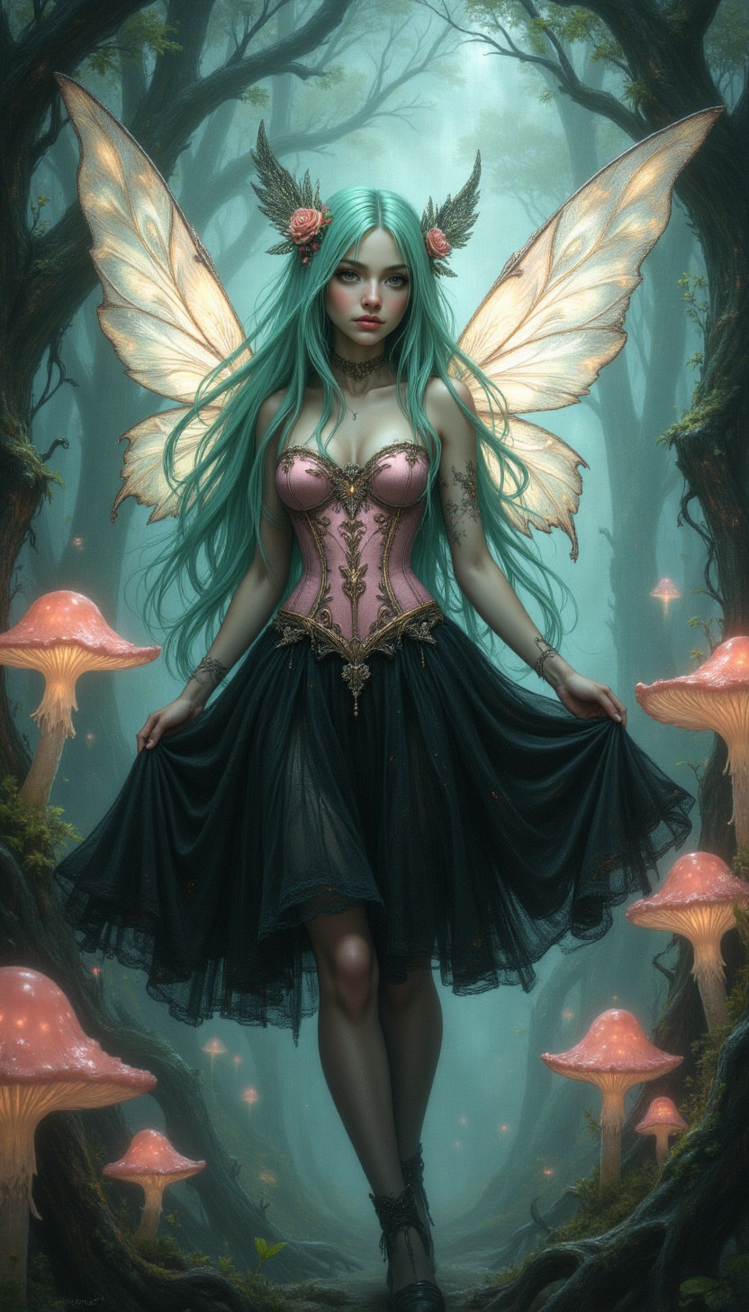 A high-quality digital artwork in the style of pinkdarkcanvas, 
A fairy with mint-green hair and translucent wings, wearing a pastel pink corset over a black tulle skirt, flutters among glowing mushrooms and twisted trees.