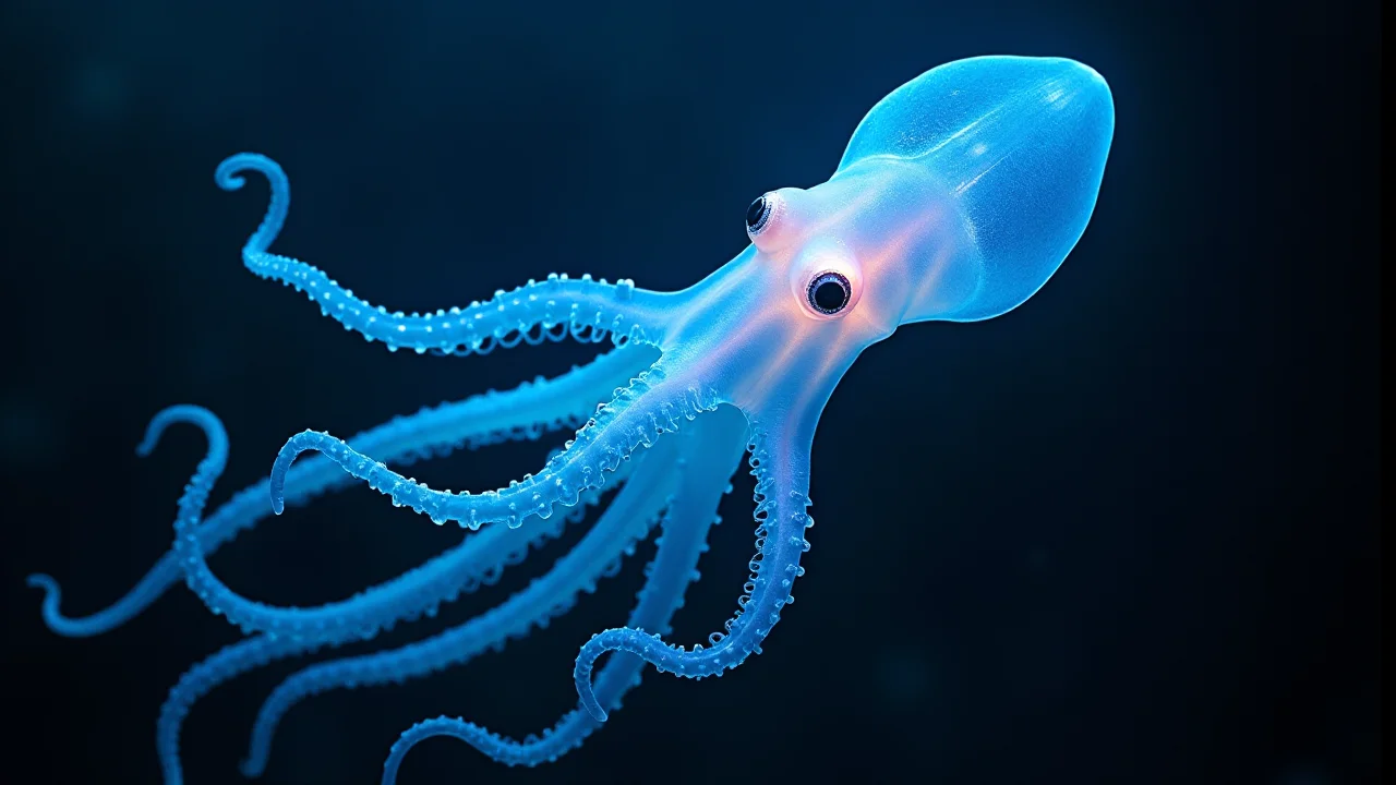 bioluminescent deep sea giant squid, slik translucent skin
