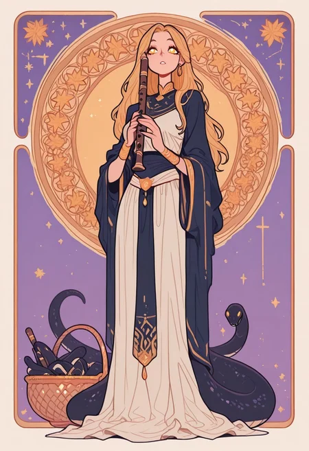 score_9, score_8_up, score_7_up, masterpiece, best quality, very aesthetic, incoth, (incase:0.6), detailed face, (dynamic:1), 1woman, blonde hair, long hair, mature, lamia, snake girl, middle eastern outfit, golden eyes, white pupils, in basket, cobra, flute, entranced, Flatline, Flat vector illustration , SMN0UV34UDSK, art nouveau, belle époque, jugendstil, secession, liberty, guimard, mucha, klimt, fin de siècle