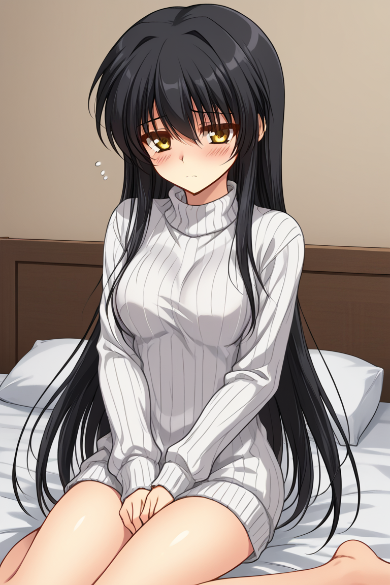 1girl, solo, nosogirenes, black hair, hair down, straight hair, very long hair, sidelocks, yellow eyes, white sweater, long sleeves, sitting, bed, indoors, eyes half-closed, sleepy, sad, blush,