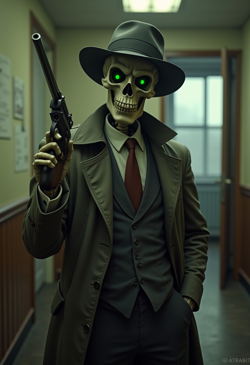 A skeleton wearing a 1920's trenchcoat, suit and tie, fedora hat, great depression vibes, holding a photorealistic gun, smoking a cigarette, glowing green eyes, abandoned office background, looking at viewer, masterpiece, 4k, highly detailed, best quality, photorealistic,