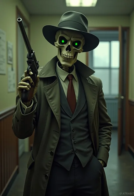 A skeleton wearing a 1920's trenchcoat, suit and tie, fedora hat, great depression vibes, holding a photorealistic gun, smoking a cigarette, glowing green eyes, abandoned office background, looking at viewer, masterpiece, 4k, highly detailed, best quality, photorealistic,
