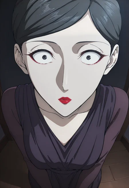 best quality, amazing quality, perfect quality, high quality, masterpiece, absolutely eye-catching BREAK
<lora:Migi_to_Dali_-_Reiko_Ichijo:1> MigiReiko, black eyes, black hair, short hair, single hair bun, parted bangs, red lipstick, medium breasts BREAK
purple dress, long sleeves BREAK
dark background, 1girl, solo, fisheye, wide eyed, from above, close-up, constricted pupils, emotionless
