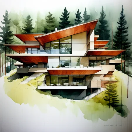 a modern house in the forest, archwatercolor, watercolor, painting,