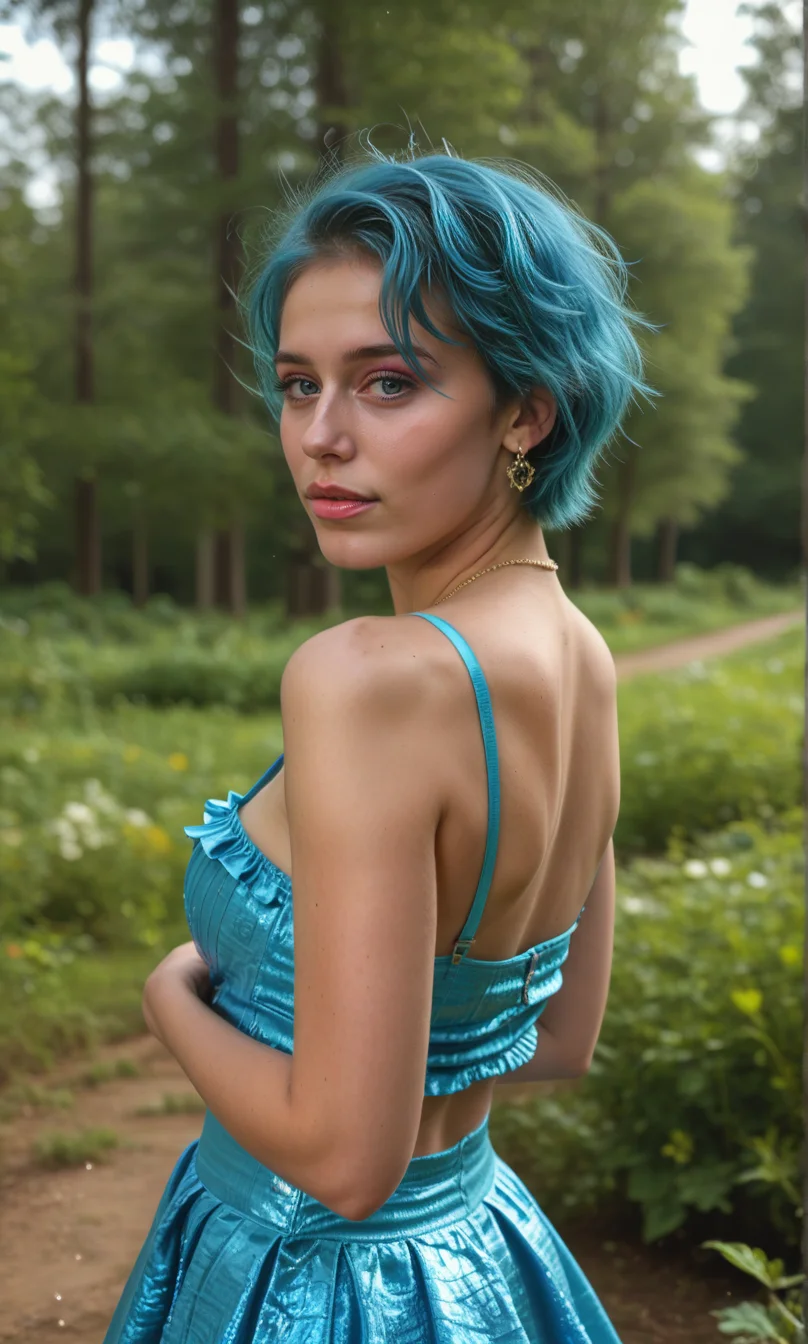 Stable_Yogis_PDXL_Positives  
Photo shoot, of a sexy young beautiful  Chadian model ,  Subtle metallic eyeshadow makeup style ,  Shaggy pixie cut hairstyle , Ice blue hair_color , Rose gold ear cuff ,  wearing Kaftan, Ruffled maxi skirt ,  forest path lined with wildflowers , shot with Nikon D850 DSLR camera,  light_particles, cinematic, dynamic_angle, depth_of_field, bokeh, HDR, 8K, RAW, best_quality, top_quality, hyperrealistic, photorealistic, ultra_detail, ultra_realistic, masterpiece, hi-res, absurd_res, high_quality_photography, source_photo, highly_detailed, very_aesthetic, beautiful, realistic, real_life.